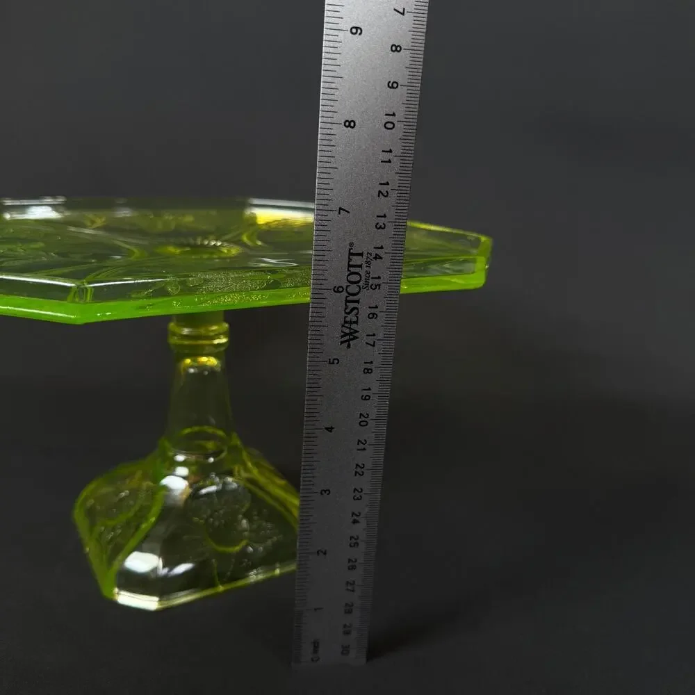 Vintage large vaseline Uranium Glass green Cake Stand flowers Pattern h6